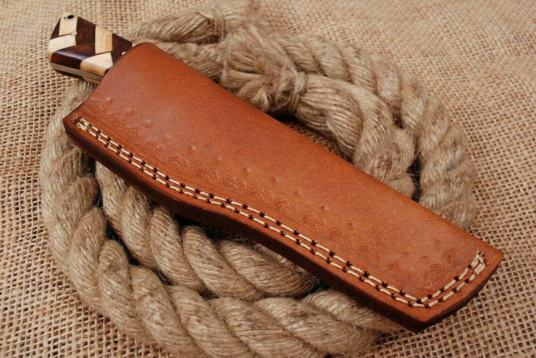Handmade Carbon Steel Bull Cutter Knife: Wood Handle, Leather Sheath