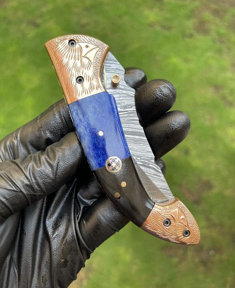 Handmade Damascus Steel Folding Knife: Bone & Copper Handle, Leather Sheath