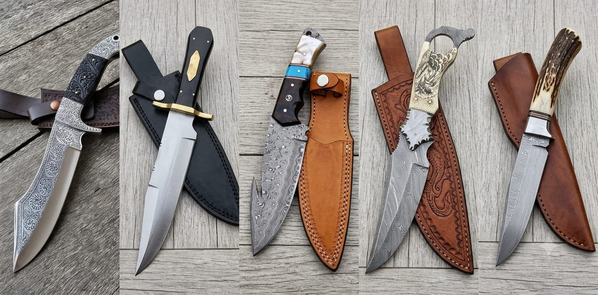 Collection of handcrafted outdoor hunting knives with Damascus steel blades, decorative handles and leather sheaths