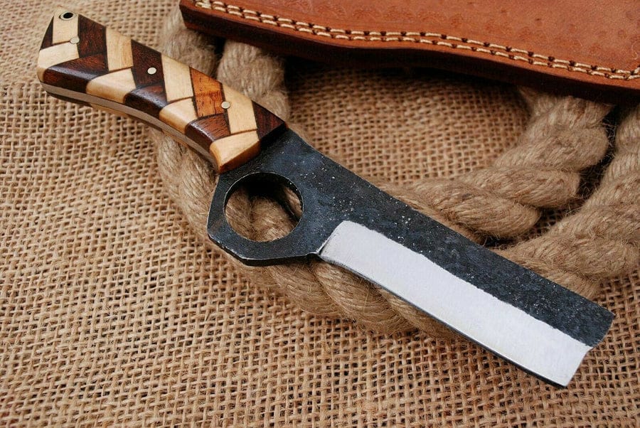 Handmade Carbon Steel Bull Cutter Knife: Wood Handle, Leather Sheath