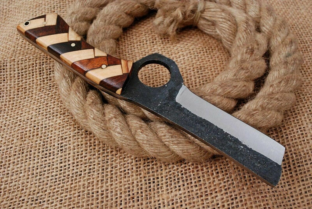 Handmade Carbon Steel Bull Cutter Knife: Wood Handle, Leather Sheath