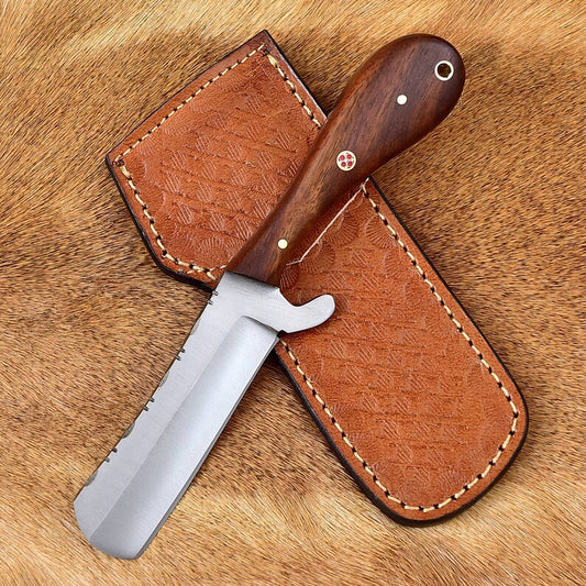 Handmade N690 Steel Bull Cutter Knife: Wood Handle, Leather Sheath