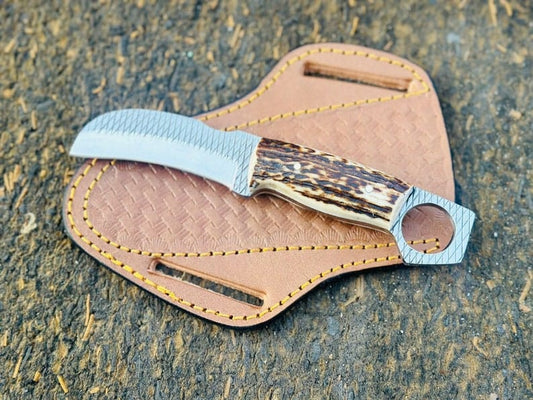 Handmade N690 Steel Bull Cutter Knife: Deer Antler Handle, Leather Sheath