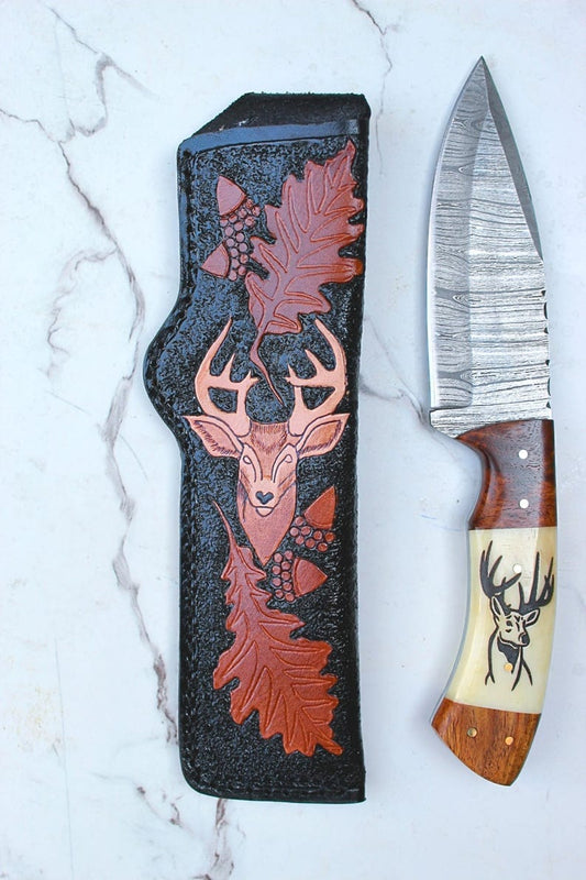 Handmade Damascus Steel Skinner Knife: Scrimshaw Art Bone Wood Handle, Leather Sheath