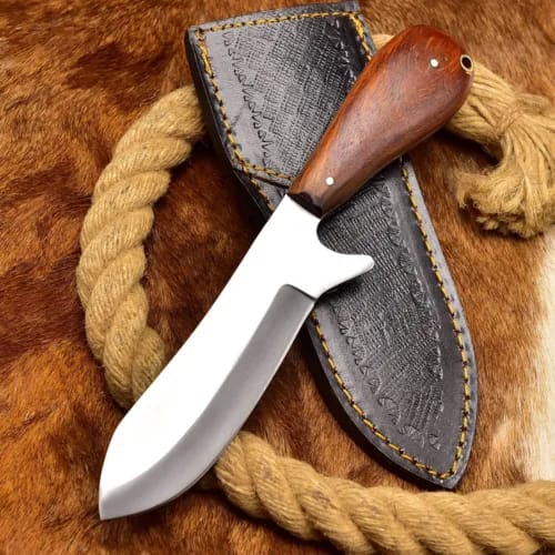 Handmade N690 Steel Bull Cutter Knife: Wood Handle, Leather Sheath