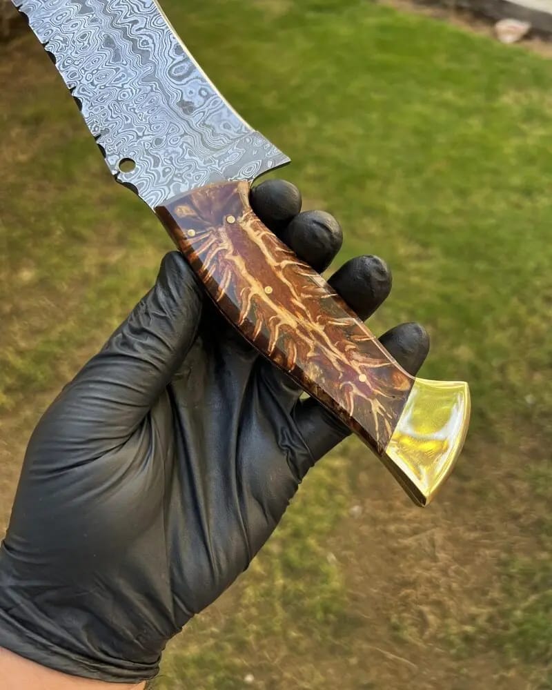 Handmade Damascus Steel Knife: Resin Wood Handle, Leather Sheath