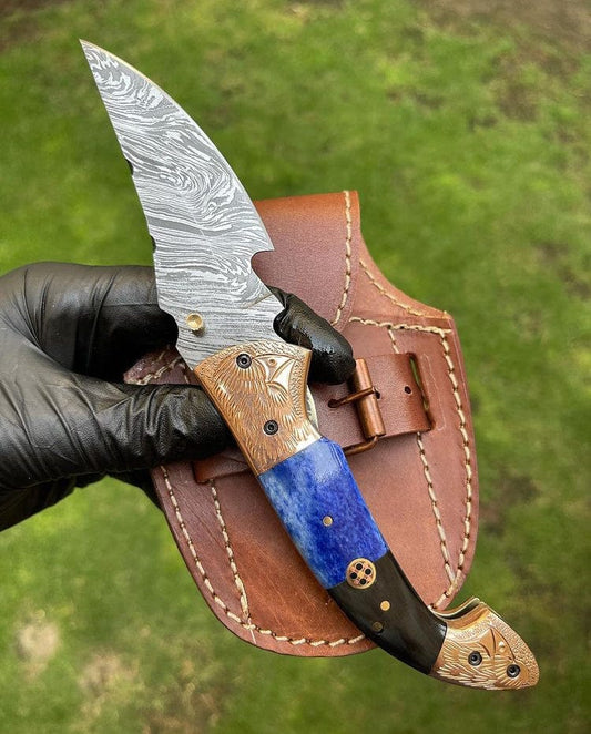Handmade Damascus Steel Folding Knife: Bone & Copper Handle, Leather Sheath