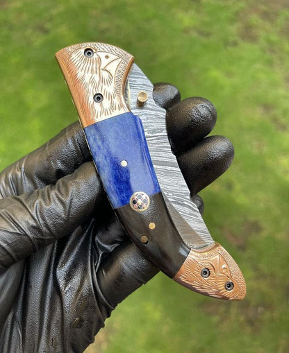 Handmade Damascus Steel Folding Knife: Bone & Copper Handle, Leather Sheath