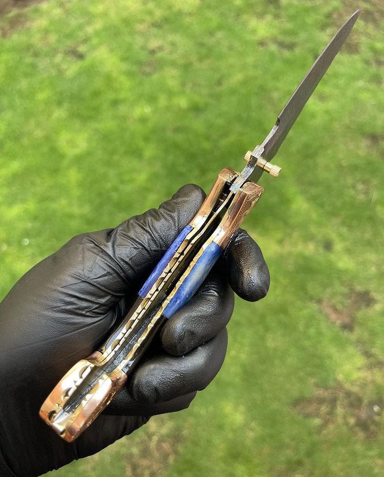 Handmade Damascus Steel Folding Knife: Bone & Copper Handle, Leather Sheath