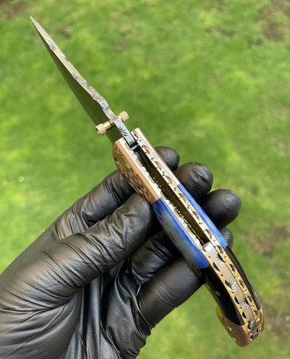 Handmade Damascus Steel Folding Knife: Bone & Copper Handle, Leather Sheath