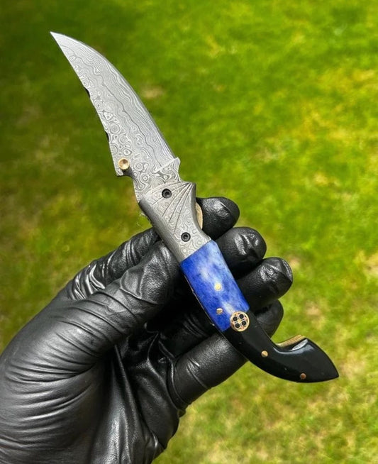 Handmade Damascus Steel Folding Knife: Camel Bone & Buffalo Horn Handle