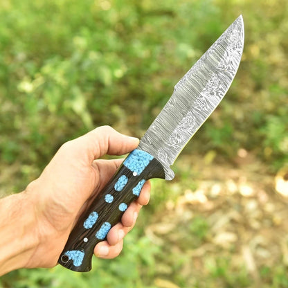 Handmade Damascus Steel EDC Knife with Turquoise Inlay Wood Handle