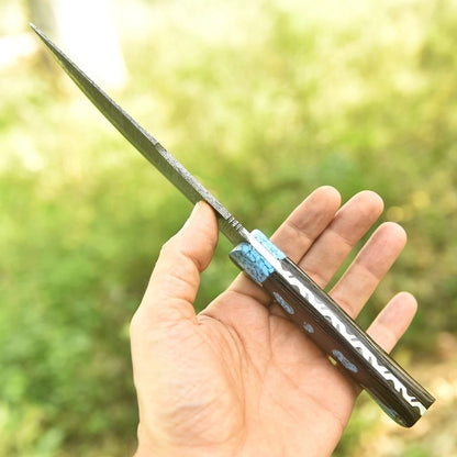 Handmade Damascus Steel EDC Knife with Turquoise Inlay Wood Handle