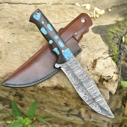 Handmade Damascus Steel EDC Knife with Turquoise Inlay Wood Handle
