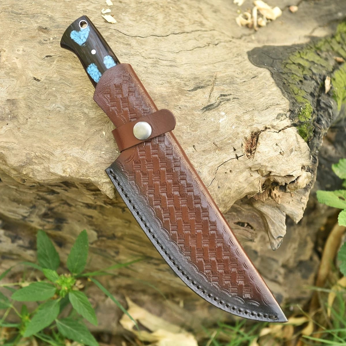 Handmade Damascus Steel EDC Knife with Turquoise Inlay Wood Handle