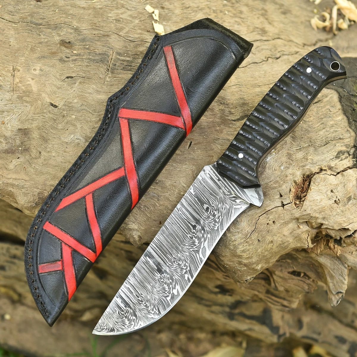 Handmade Damascus Steel EDC Knife with Textured Black G10 Handle