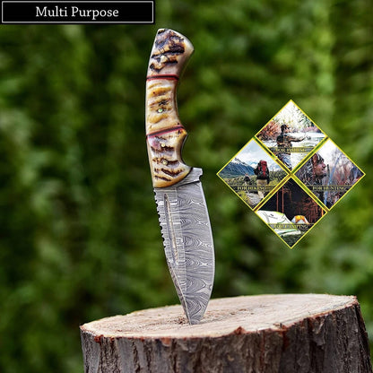 Handmade Damascus Steel Hunting Knife with Ram Horn Handle