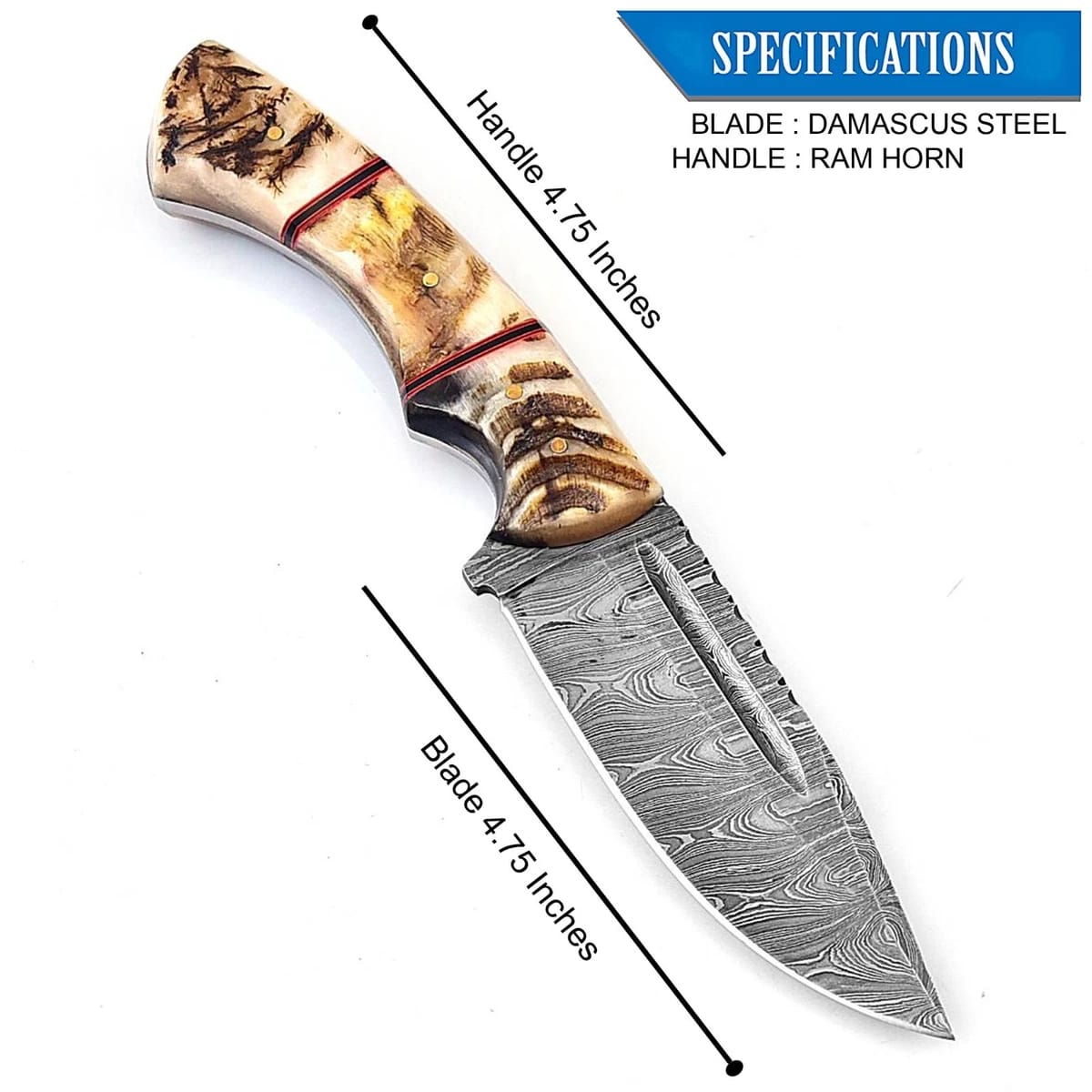 Handmade Damascus Steel Hunting Knife with Ram Horn Handle