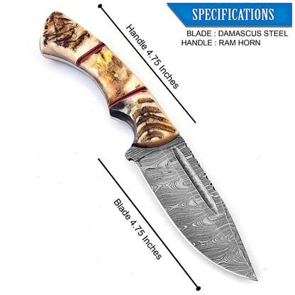 Handmade Damascus Steel Hunting Knife with Ram Horn Handle
