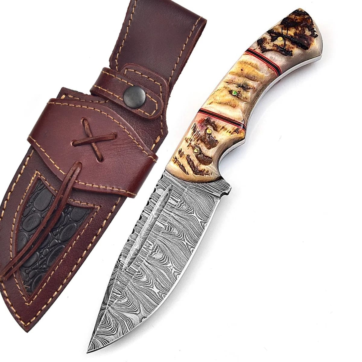 Handmade Damascus Steel Hunting Knife with Ram Horn Handle