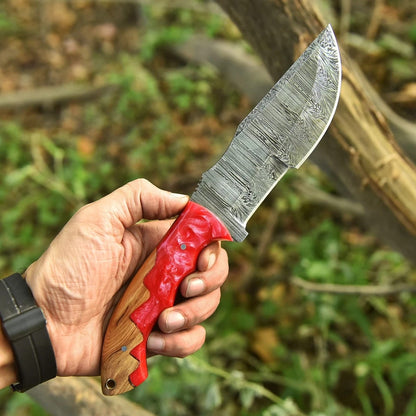 Handmade Damascus Steel Tracker Knife with Red Resin Wood Handle