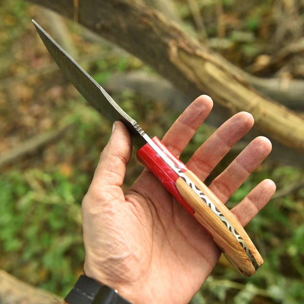 Handmade Damascus Steel Tracker Knife with Red Resin Wood Handle