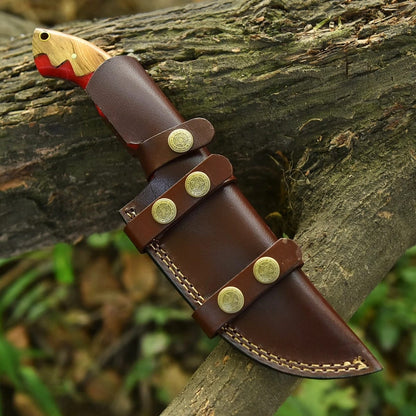 Handmade Damascus Steel Tracker Knife with Red Resin Wood Handle