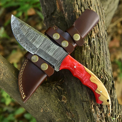 Handmade Damascus Steel Tracker Knife with Red Resin Wood Handle