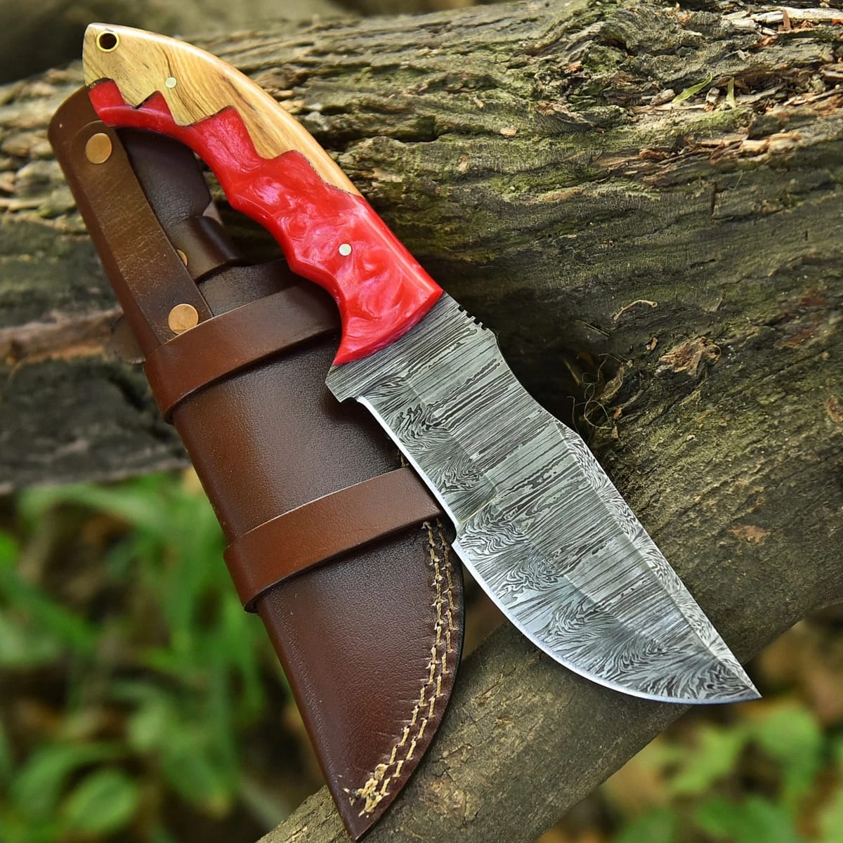 Handmade Damascus Steel Tracker Knife with Red Resin Wood Handle