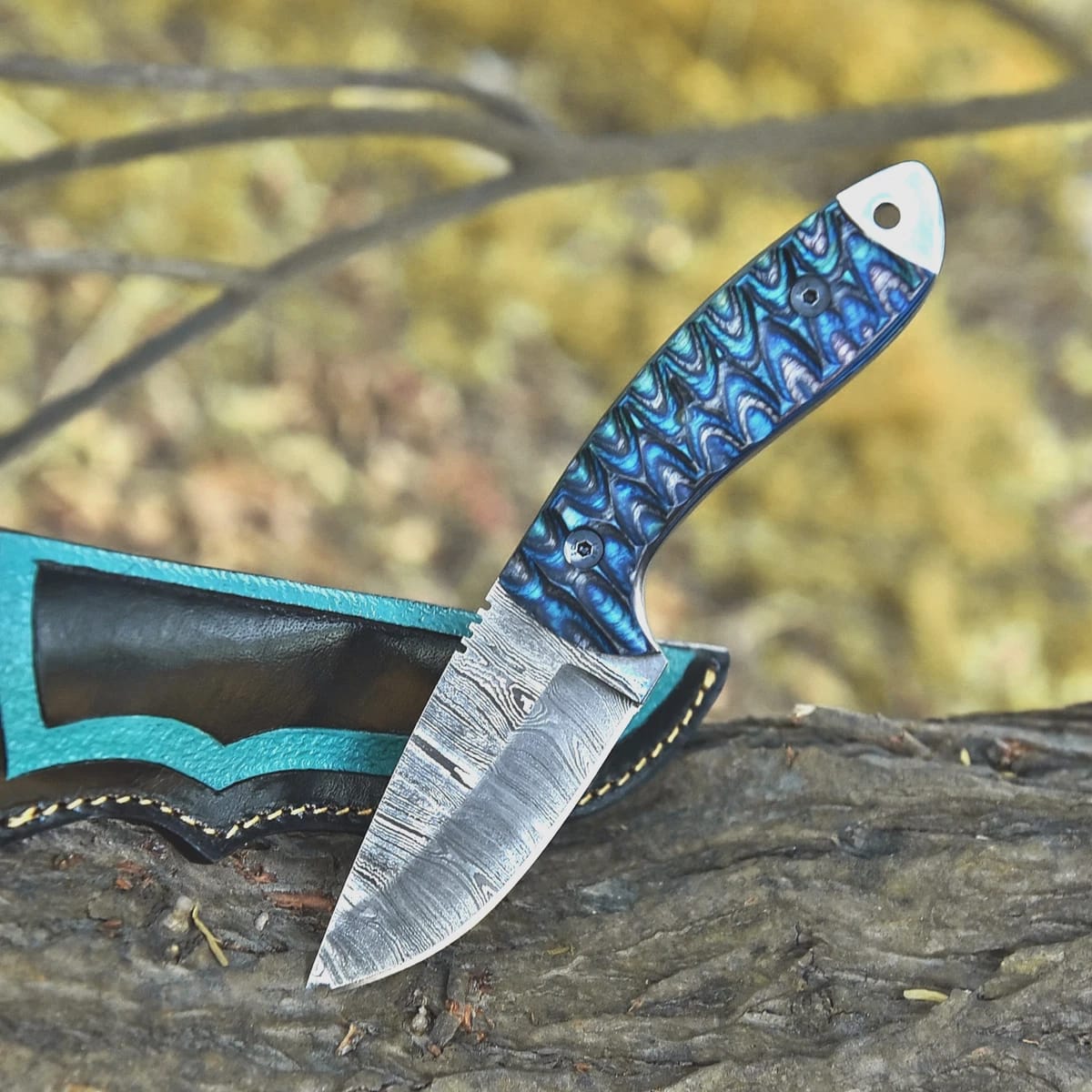 Handmade Damascus Steel EDC Knife with Textured Blue G10 Handle