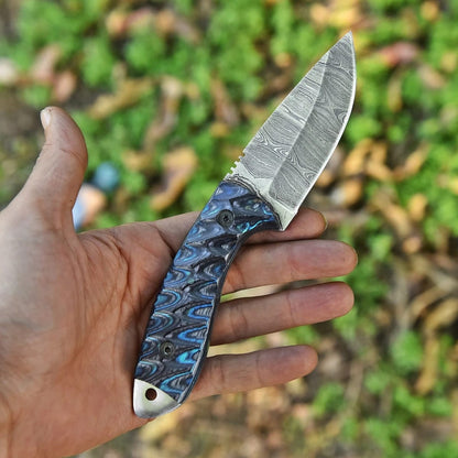 Handmade Damascus Steel EDC Knife with Textured Blue G10 Handle