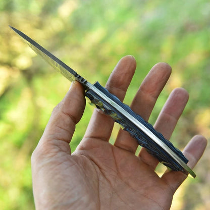 Handmade Damascus Steel EDC Knife with Textured Blue G10 Handle
