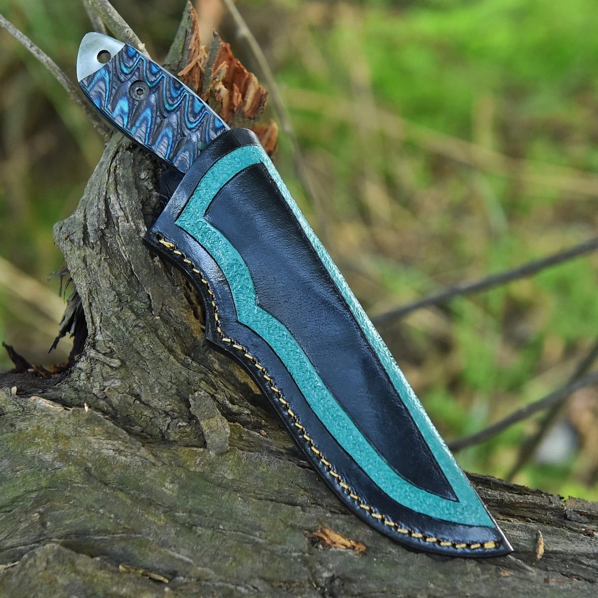 Handmade Damascus Steel EDC Knife with Textured Blue G10 Handle