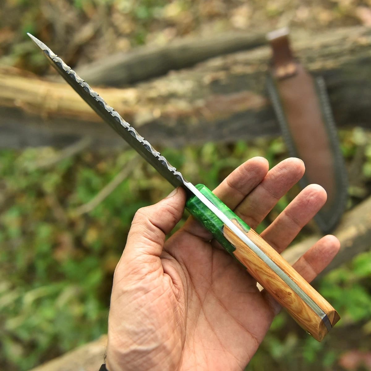 Handmade Damascus Steel Knife with Green Resin Wood Handle