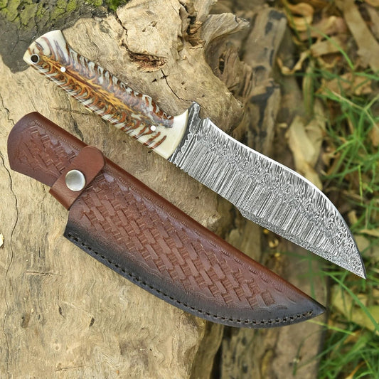 Handmade Damascus Steel Hunting Knife with Carved Pinecone Resin Handle