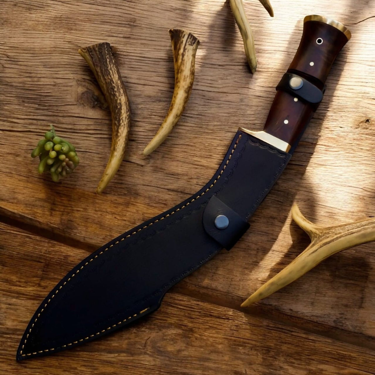 Handmade Damascus Steel Kukri Knife with Rosewood Handle & Leather Sheath