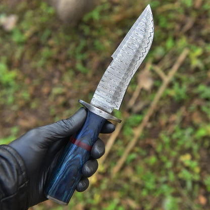 Handmade Damascus Bowie Knife with Blue Wood Handle & Sheath