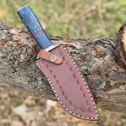 Handmade Damascus Bowie Knife with Blue Wood Handle & Sheath