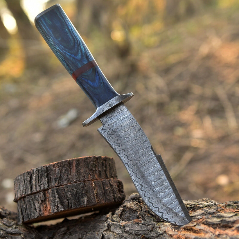Handmade Damascus Bowie Knife with Blue Wood Handle & Sheath