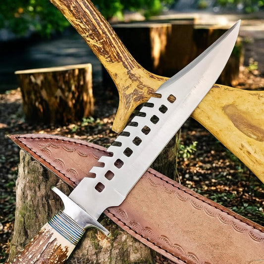 Handmade Stainless Steel Sawback Bowie Knife with Stag Handle & Sheath