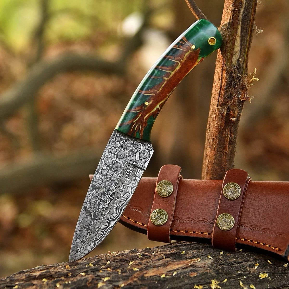 Handmade Damascus Steel Hunting Knife with Green Resin Wood Handle