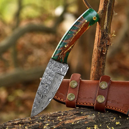 Handmade Damascus Steel Hunting Knife with Green Resin Wood Handle