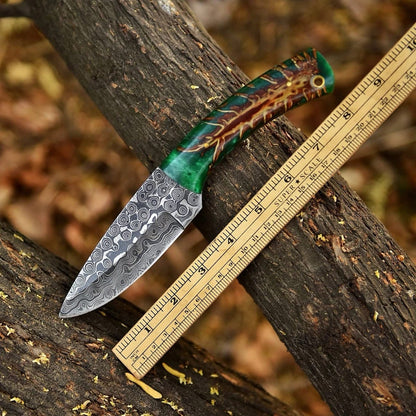 Handmade Damascus Steel Hunting Knife with Green Resin Wood Handle