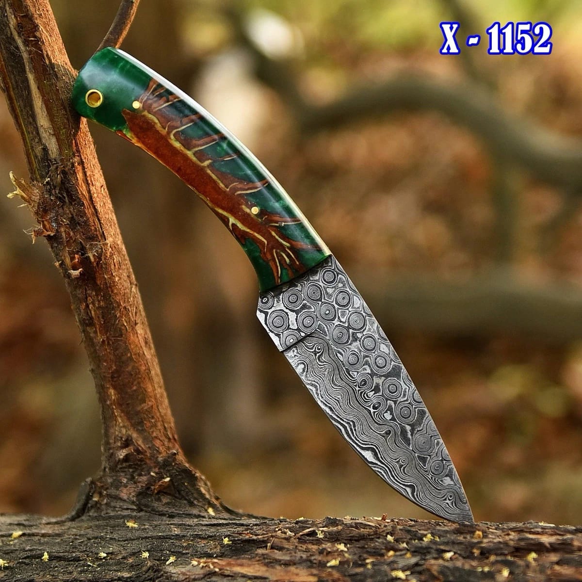 Handmade Damascus Steel Hunting Knife with Green Resin Wood Handle