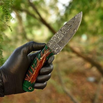 Handmade Damascus Steel Hunting Knife with Green Resin Wood Handle