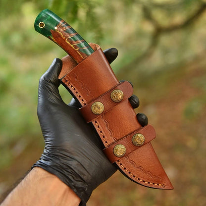 Handmade Damascus Steel Hunting Knife with Green Resin Wood Handle