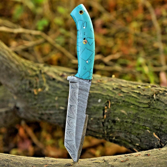 Handmade Damascus Steel Tracker Knife with Turquoise Handle