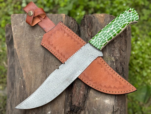 Custom Damascus Steel Knife – Green Honeycomb Handle & Sheath