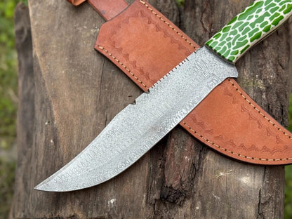 Custom Damascus Steel Knife – Green Honeycomb Handle & Sheath
