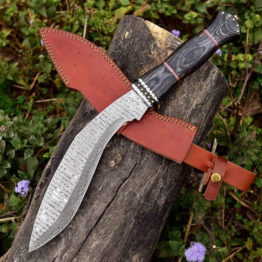 Custom Damascus Steel Kukri Hunting Knife – Black Micarta & Red Spacers